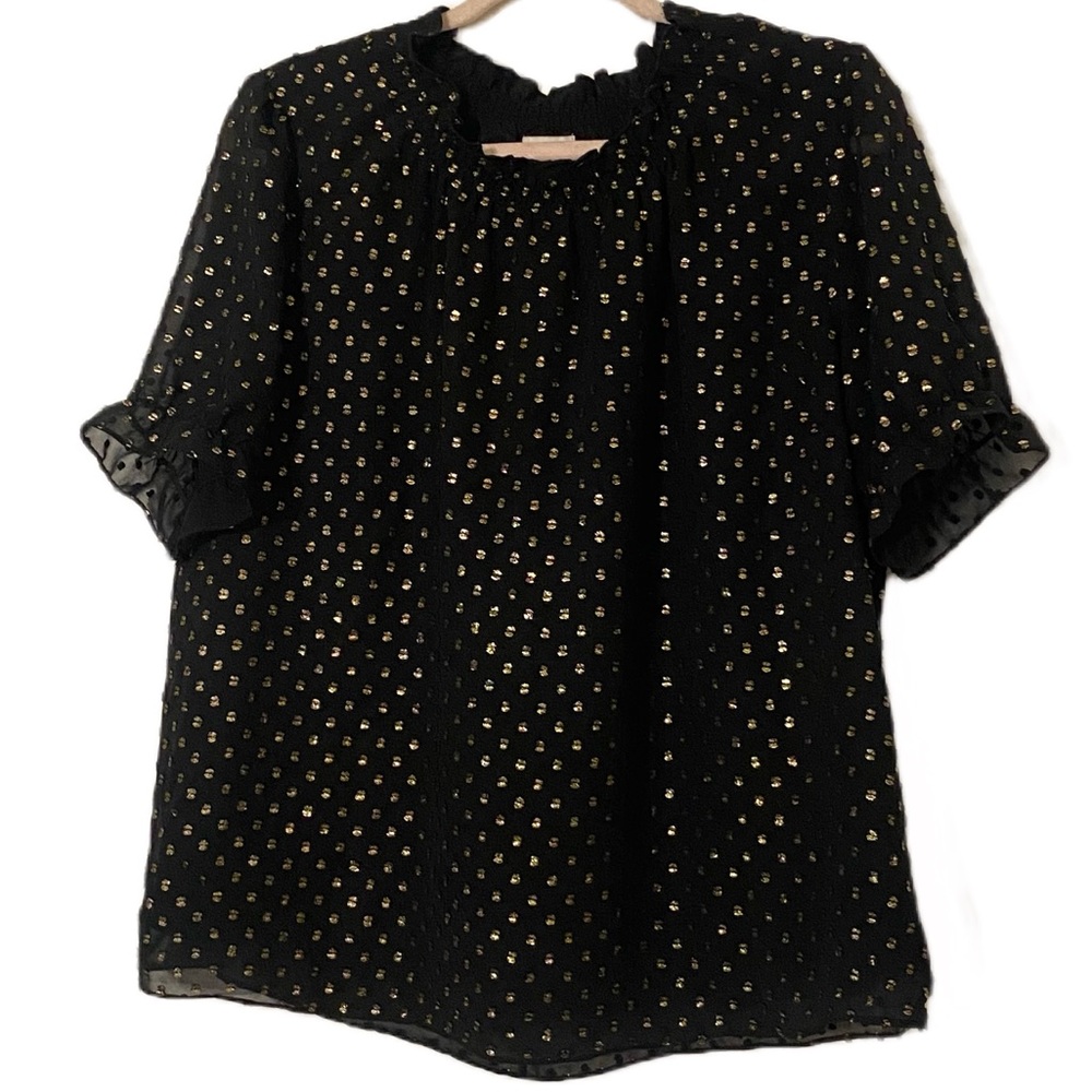 🦋J. Crew Ruffleneck top with foil clip dot with short sleeves